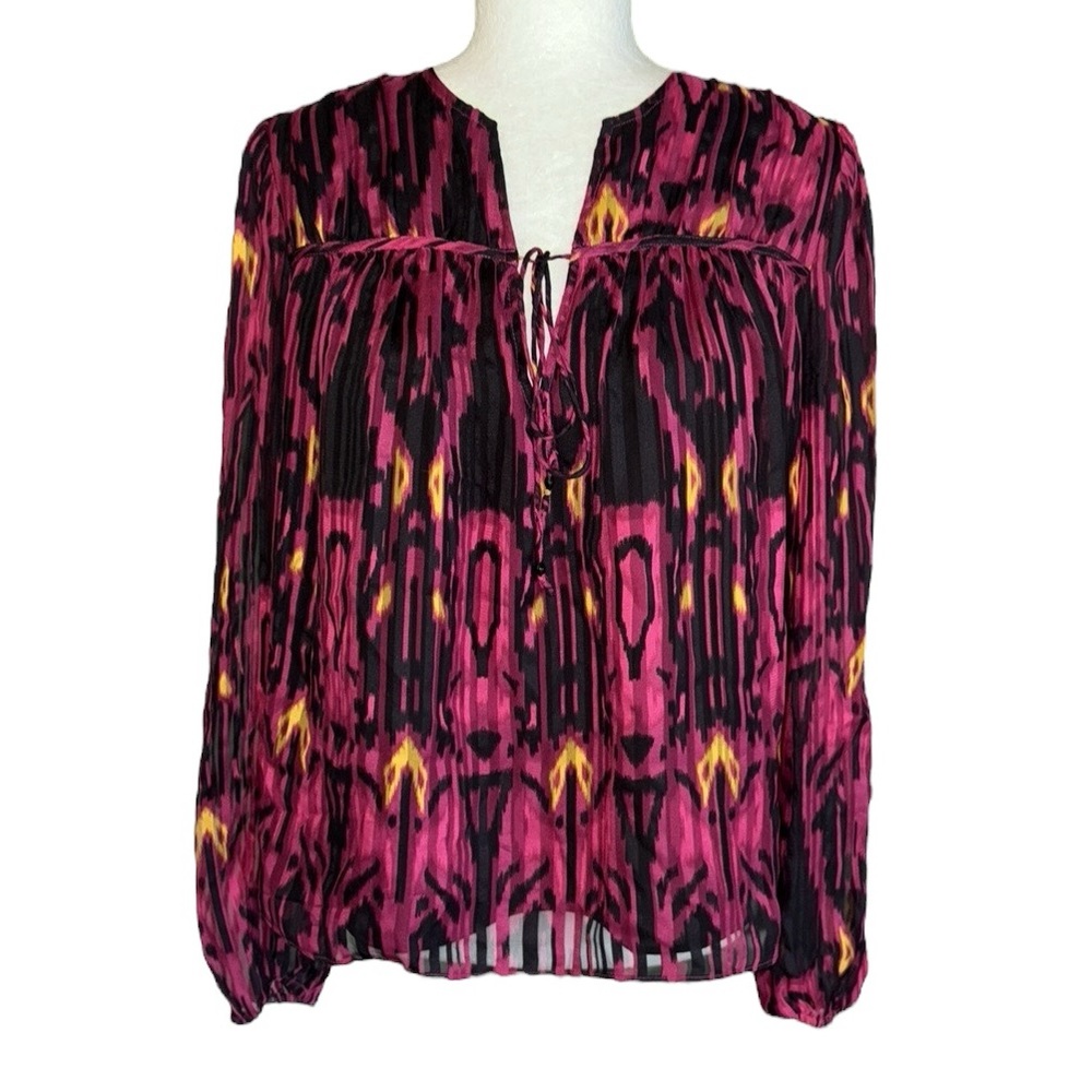 Marie Oliver Silk Fuchsia Magenta Black Ikat Tie Neck Puff Sleeve Blouse - S